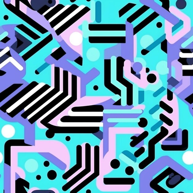 a blue and purple abstract pattern with black and white shapes generative ai