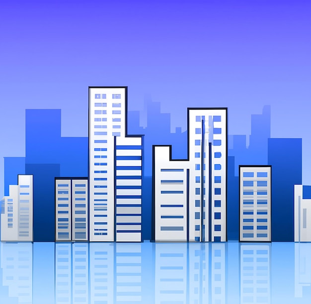 A blue and purple background with a cityscape and a blue sky.