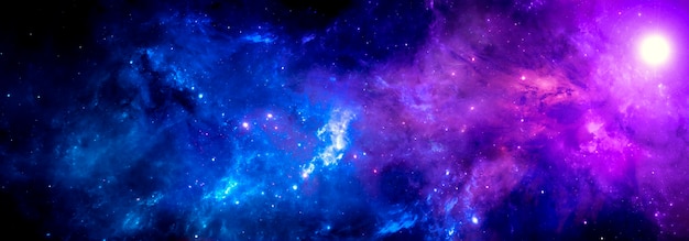 Blue purple cosmic background with a bright nebula and a cluster of stars