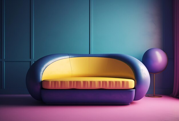 A blue and purple couch with a yellow cushion on it