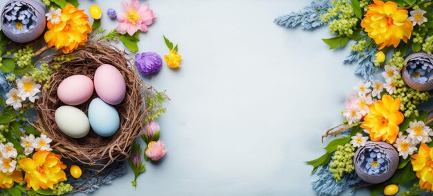 A blue and purple easter eggs in a nest with flowers and a blue and pink scarf