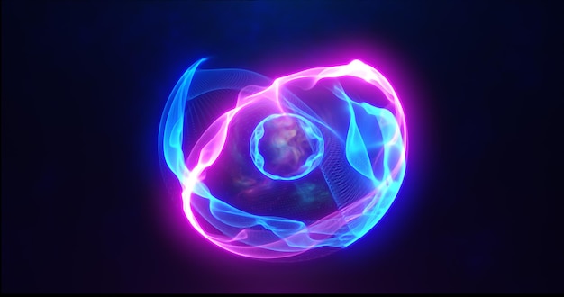 Photo blue purple energy sphere with glowing bright particles atom with electrons and elektric