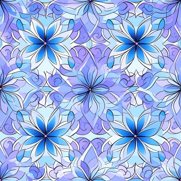 blue and purple flower tile pattern in the style of soft lines and shapes