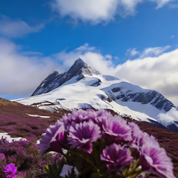 A blue and purple flower together on the top of the mountain generated by ai