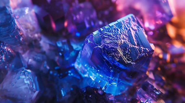 Blue and purple glowing crystal 3D render of geometric shapes