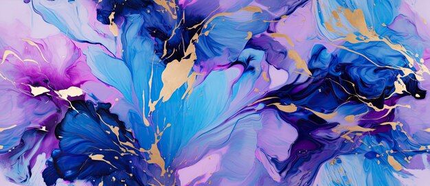 Blue purple and golden flowers marble abstract background