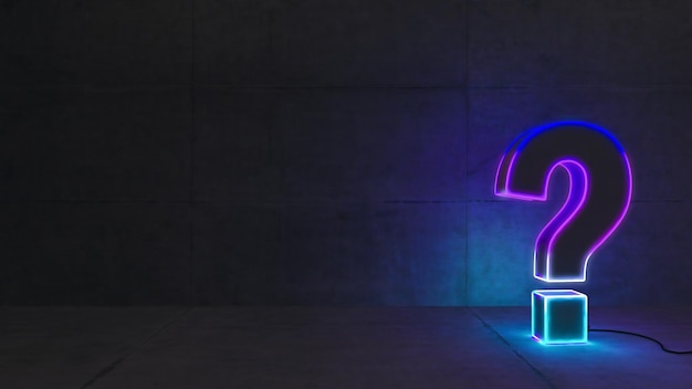 Foto punto interrogativo con luce al neon sfumata blu e viola con rendering 3d del muro di cemento