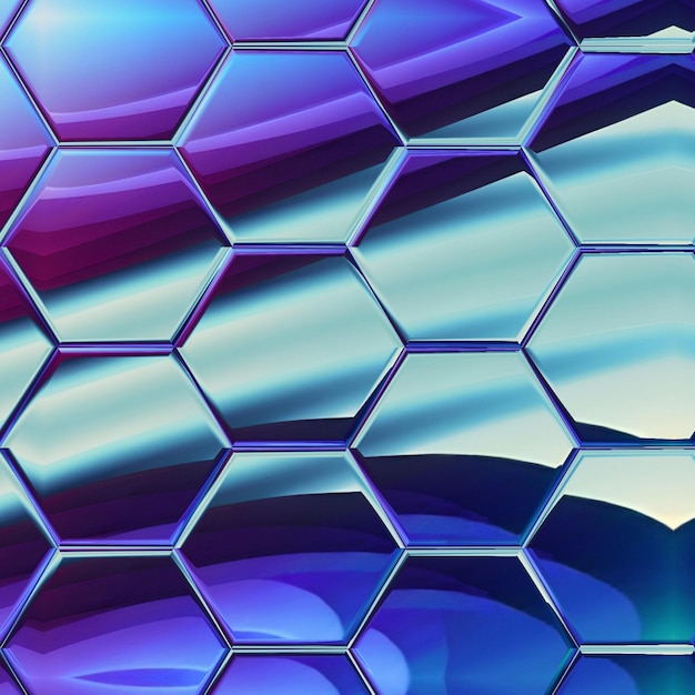 ハチミツの文字が入った青と紫の六角形パターン。