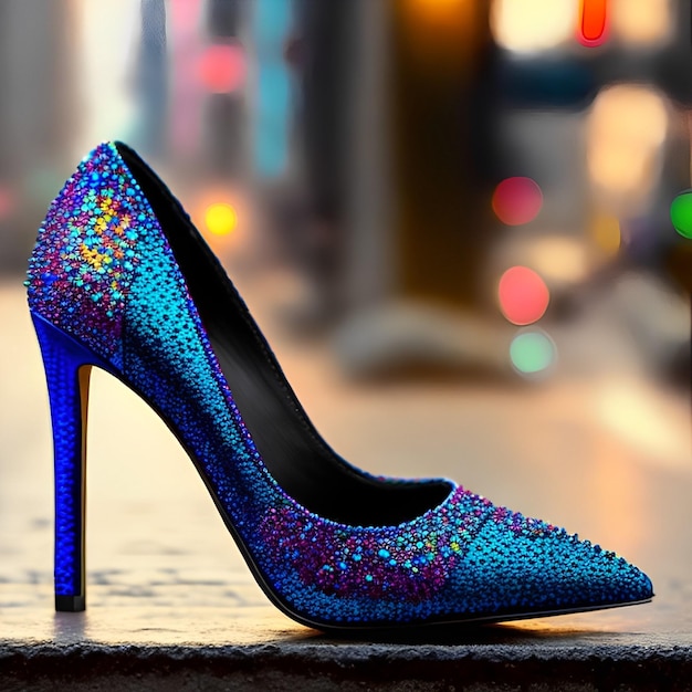 A blue and purple high heeled shoe with a high heel.