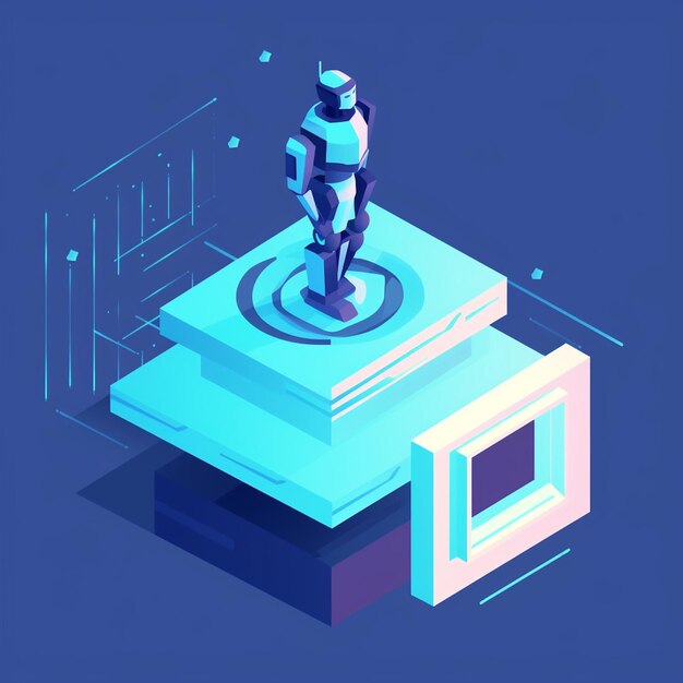 A blue and purple illustration of a robot standing on a pedestal.