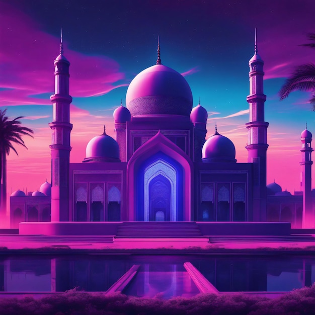 A blue and purple Islamic poster with a mosque in the middle