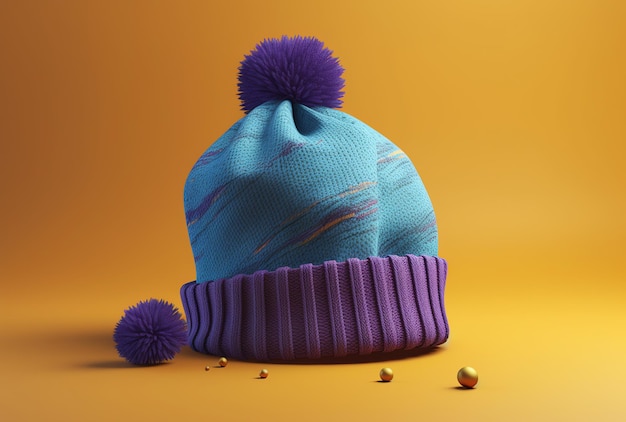 A blue and purple knitted beanie with a pom pom on it.