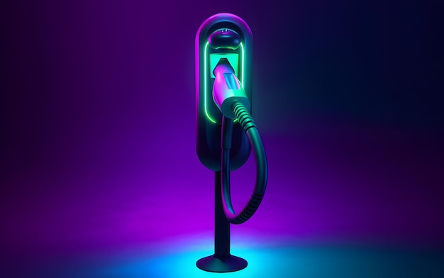 A blue and purple lamp with a cord plugged into it.