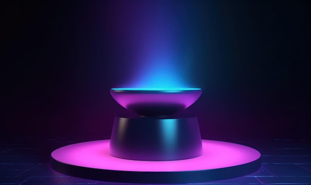 A blue and purple light is lit up on a table.