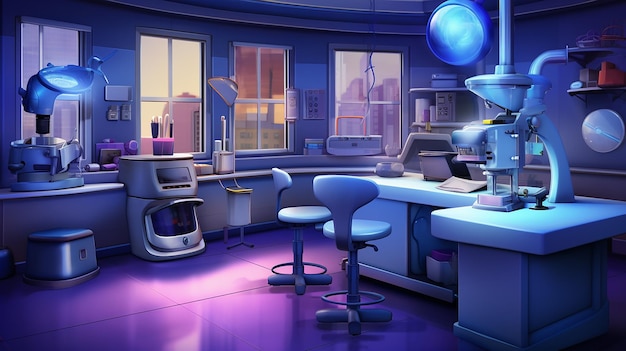 Photo blue and purple light laboratory room with microscope 3d