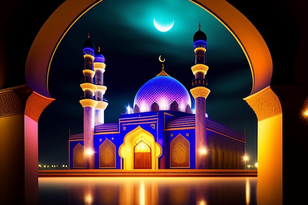 A blue and purple mosque with the moon in the background.