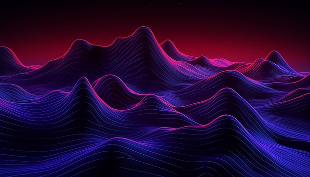 A blue and purple mountain range with a red background