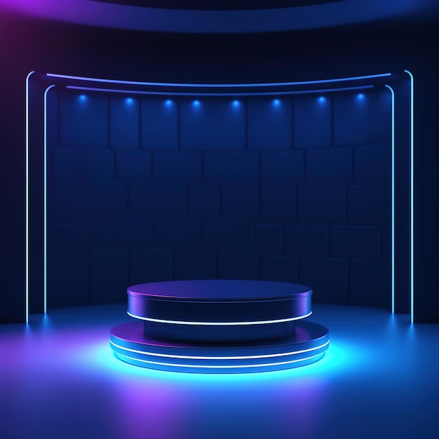 A blue and purple neon light background with a podium in the middle Glowing lights and spotlight
