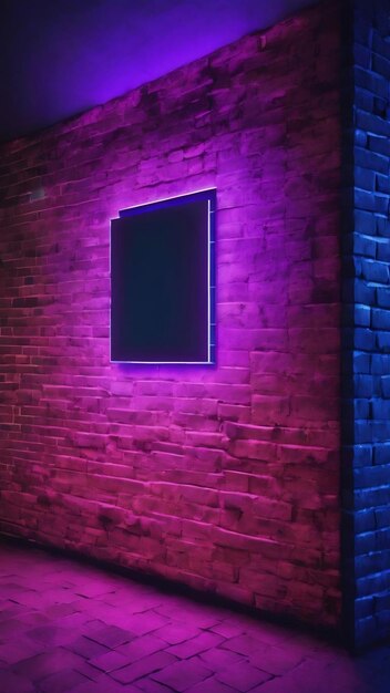 Blue and purple neon square on black brick wall background