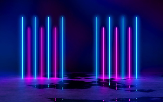 Blue and purple neon tube lights in the empty dark room 3d rendering illustration bachground