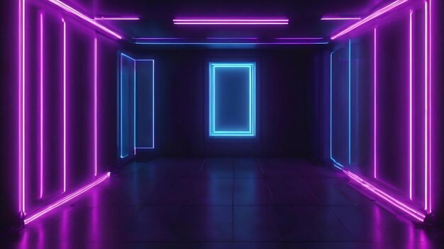 Blue and purple neon tube lights in the empty dark room 3d rendering illustration bachground