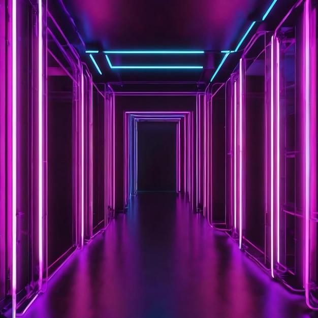 Blue and purple neon tube lights in the empty dark room 3d rendering illustration bachground