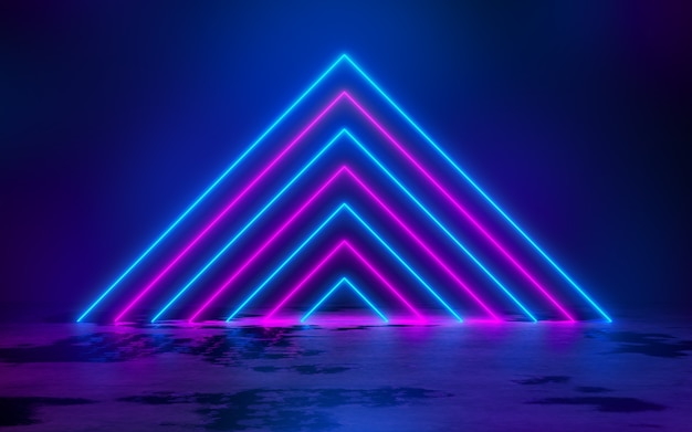 Blue and purple neon tube lights in the empty dark room 3d\
rendering illustration background