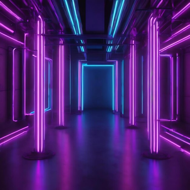 Blue and purple neon tube lights in the empty dark room 3d rendering illustration background