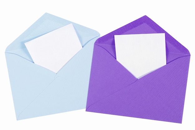 Photo blue and purple open envelope with paper isolated