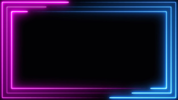 Blue purple pink neon frame light line running loop square black overlay