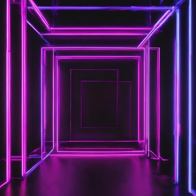 Blue purple pink neon frame light line running loop square black overlay