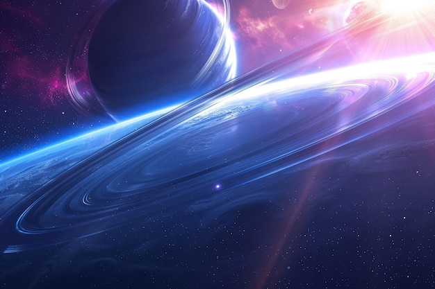 中央に大きな丸い物体がある青と紫の惑星