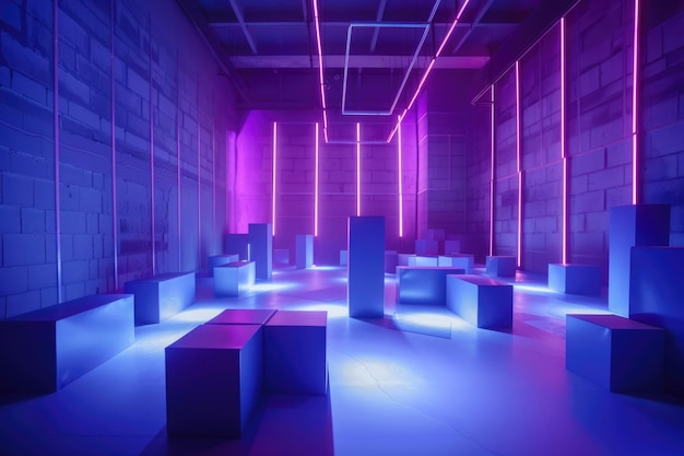 A blue and purple room with bright lights shining on the walls the room was filled with many boxes