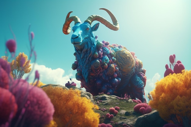 A blue and purple sheep stands on a hill surrounded by flowers.