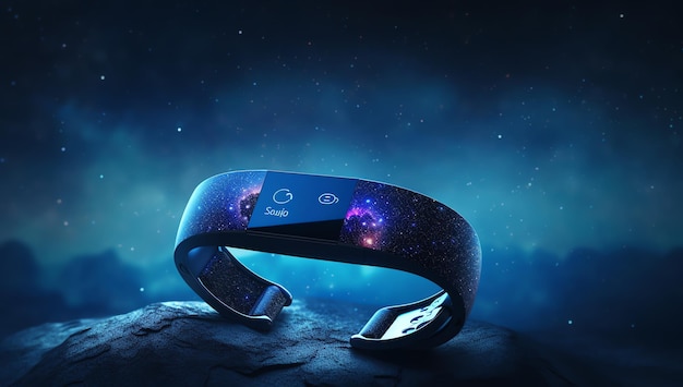 A blue and purple smart watch with the word samsung on it.