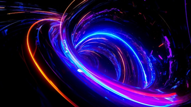 Blue and purple swirl of light in dark room with black background Generative AI