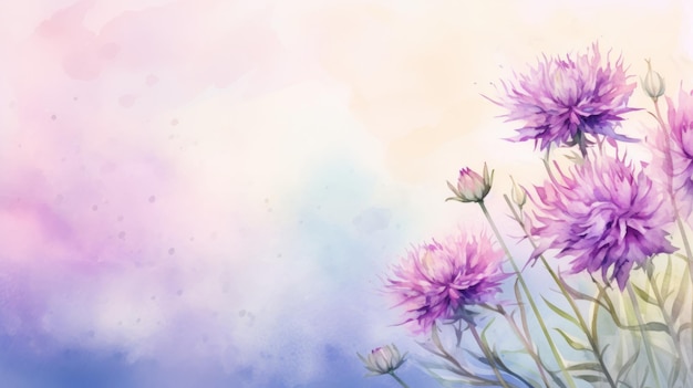 青紫の水彩ヤグルマギクヤグルマギク セントーラ花バナー コピー スペース付き