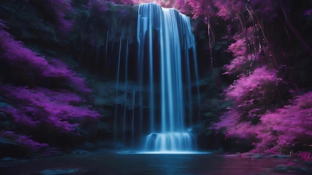 Blue and purple waterfall in a dark room generative ai