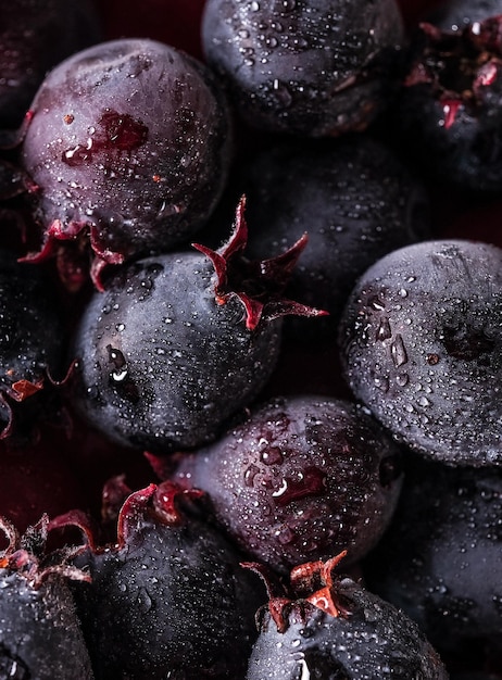 Blue and purple wild shadberries closeup. Macro food background