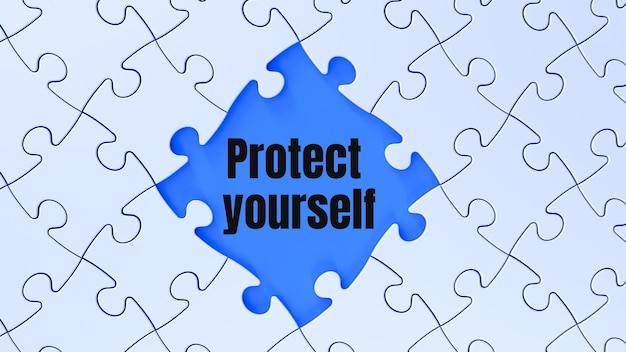 A blue puzzle with the words protect yourself on it.