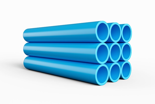 Photo blue pvc pipes stacked isolated on white background 3d illustration