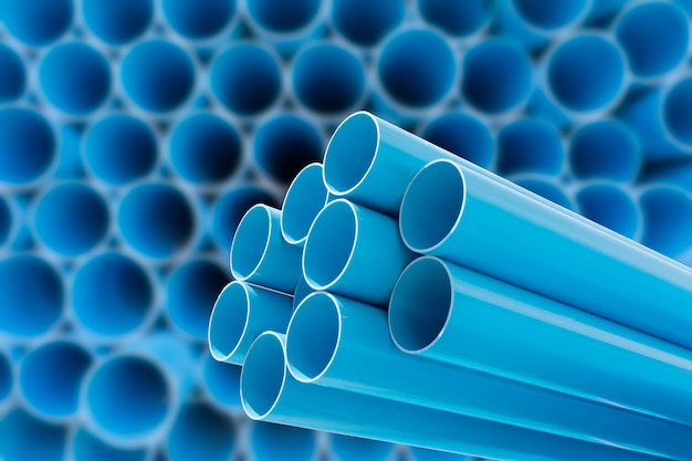 Blue PVC pipes for water stack in warehouse