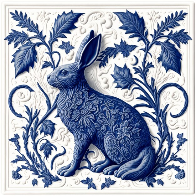 A blue rabbit is shown in a floral pattern.