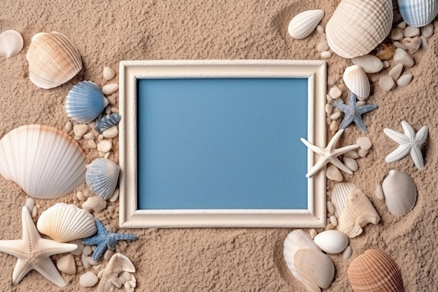 Blue rectangle frame and seashells on the beach