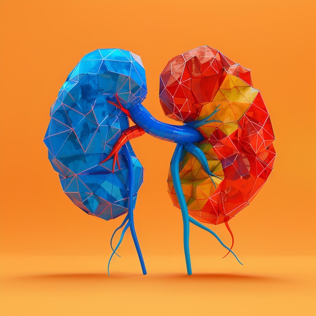 Photo blue red 3d kidneys model yellow background