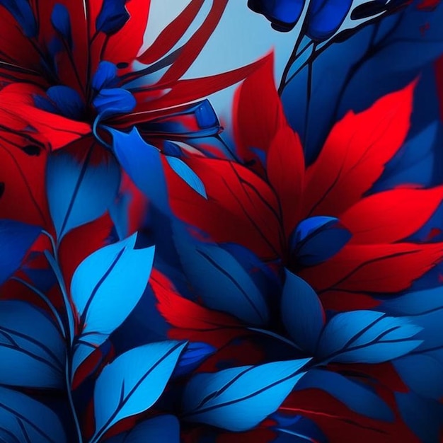 Photo blue and red abstract flower illustration for prints wall art cover and invitation