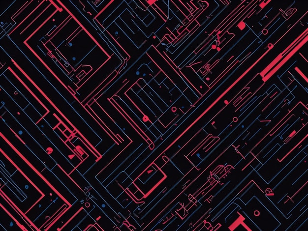 A blue and red background with a circuit board pattern.