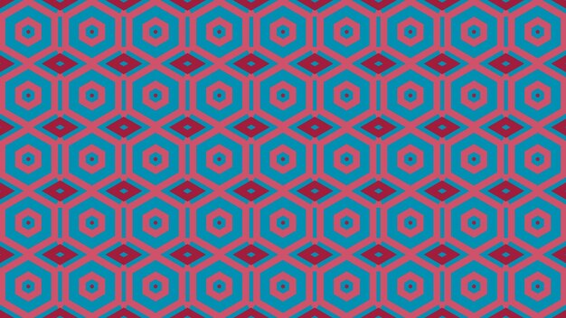 A blue and red background with a pattern of squares and the word " in blue. "