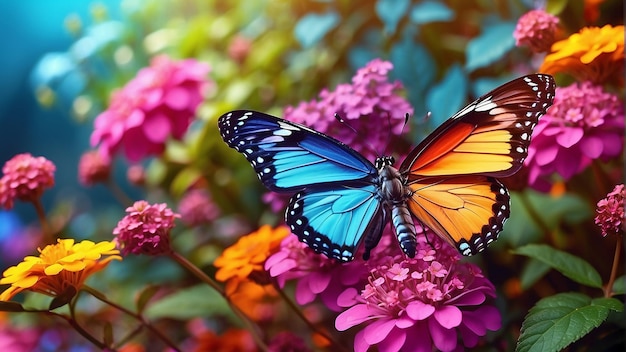 A blue and red butterfly on a flower