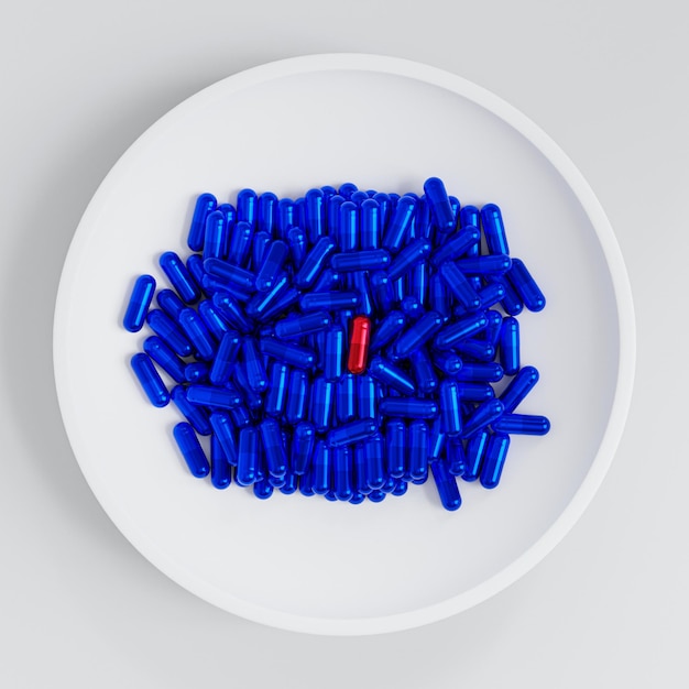 Blue and red capsule pills on white background, healthcare medical concept, antibiotics and cure, 3d render